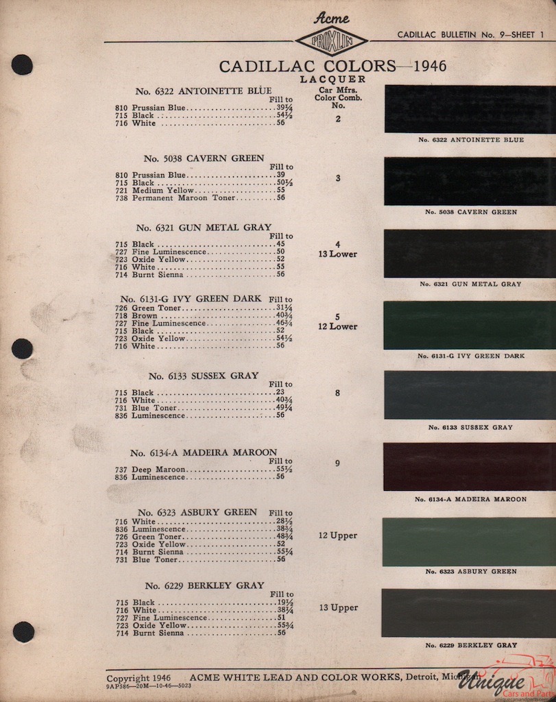 1946 Cadillac Paint Charts Acme 1